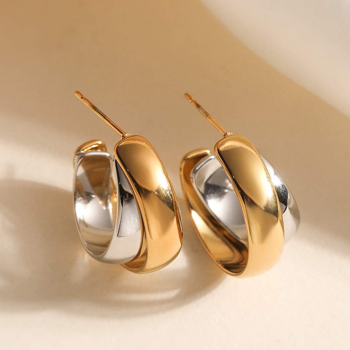Gold Silver Crossover Stainless Steel Hoop Earrings For Women