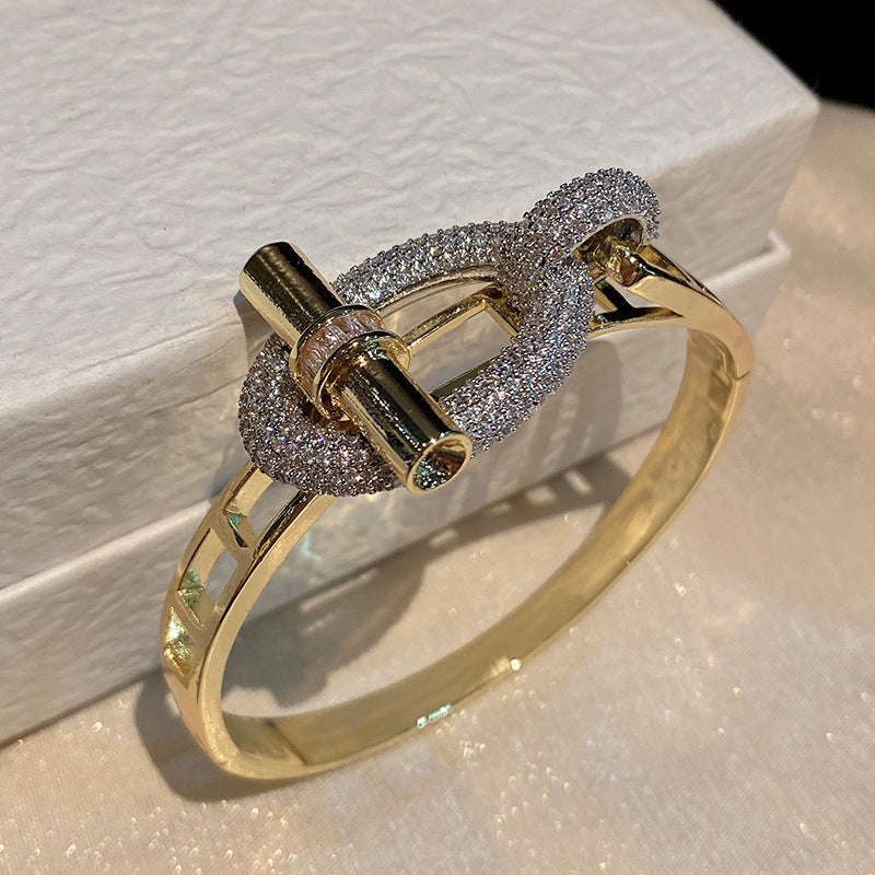 Two Tone Lock 18K Gold Silver Cubic Zirconia Anti Tarnish Openable Kada Bracelet For Women