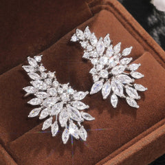 Premium Marquise Cut Leaf Gold Silver Plated CZ Copper Stud Earrings
