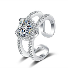 Luxury Silver Plated Heart White CZ Double Band Copper Cocktail Ring
