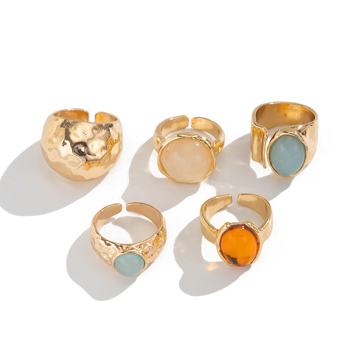 Beaten Finish Green Orange Gemstone 18K Gold Free Size Ring Combo Pack Of 5 For Women