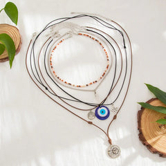 Star Moon Evil Eye Beads Silver Layer Necklace Pendant Chain For Women