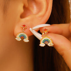 Designer Multi Color Rainbow Horseshoe Gold CZ Copper Drop Earrings