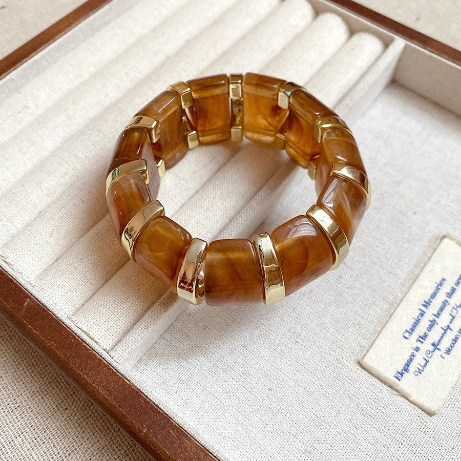 Brown Stretchable Acrylic Gold Plated Plain Stainless Steel Bracelet