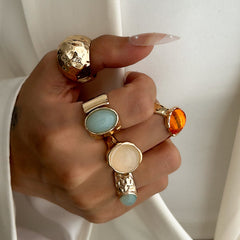 Beaten Finish Green Orange Gemstone 18K Gold Free Size Ring Combo Pack Of 5 For Women