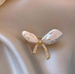 White Bow Gold Pearl Brooch For Women