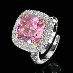 Sqaure Cubic Zirconia Red Pink Yellow Silver Anti Tarnish Adjustable Ring For Women