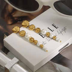 Beads Pearl 18K Gold White Anti Tarnish Stainless Steel Dangler Drop Earrings For Women