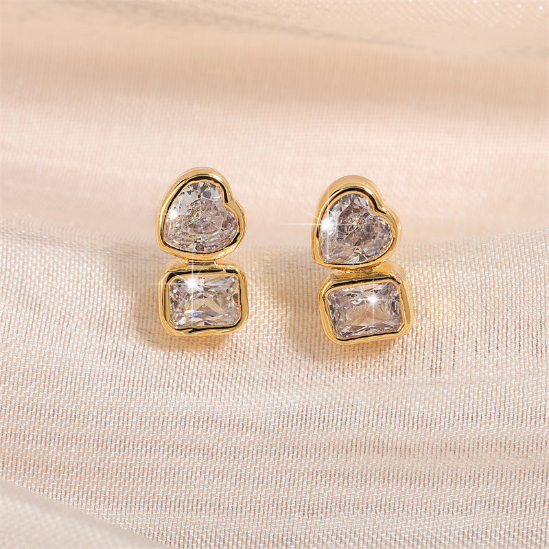 Gold Plated Anti Tarnish Copper Heart Square CZ Stud Earrings