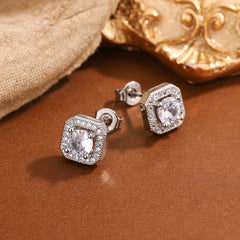 Designer Square Cut Silver Plated CZ Anti Tarnish Copper Stud Earrings
