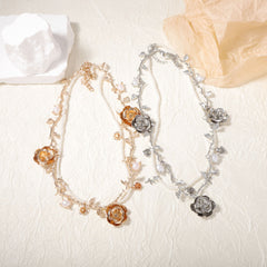 Rose Leaves 18K Gold Silver Pearl Cubic Zirconia Layer Necklace For Women