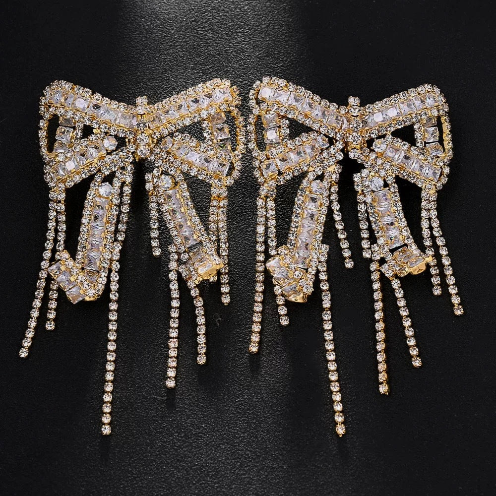 Sparkling Diamond Zircon Bow Silver Cubic Zirconia Dangler Earring For Women