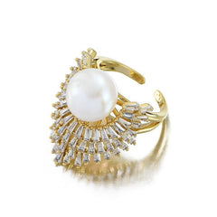 Baguette Crown Pearl White 18K Gold Silver Cubic Zirconia Adjustable Ring For Women