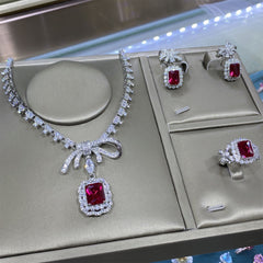 Luxury Ruby Red Emerald Cut CZ Silver Plated Copper Necklace Combo Set