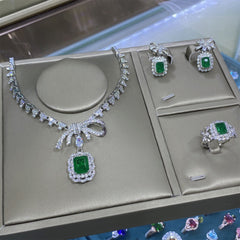 Bow Design Emerald Cut Green CZ Silver Plated Copper Necklace Combo Set