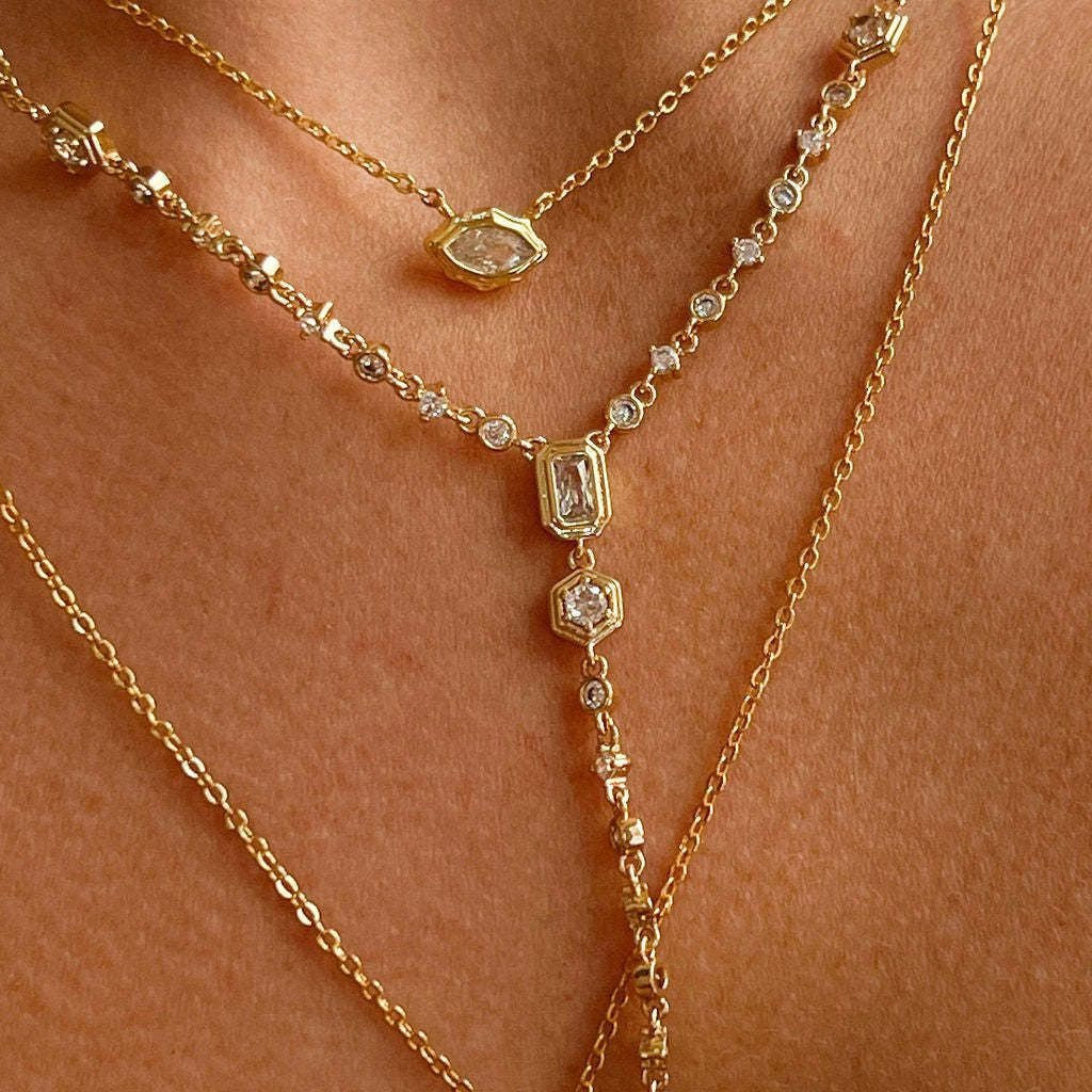 Dual Drop Solitaire Cubic Zirconia 18K Gold Anti Tarnish Necklace Pendant Chain For Women