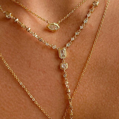 Dual Drop Solitaire Cubic Zirconia 18K Gold Anti Tarnish Necklace Pendant Chain For Women