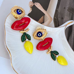 Lips Evil Eye Red Blue 18K Gold Dangler Anti Tarnish Earring For Women