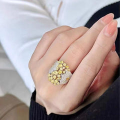 Yellow Flower Cluster Silver Cubic Zirconia Copper Adjustable Ring Women