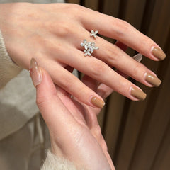 Silver Floral Cubic Zirconia Copper Adjustable Ring For Women