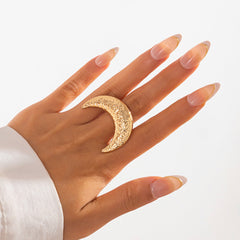 Beaten Finish Crescent Moon 18K Gold Free Size Ring For Women