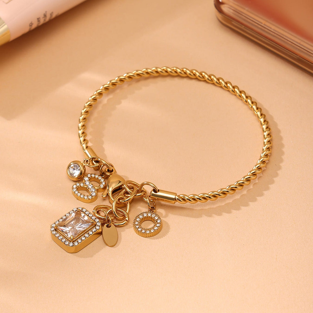 Square No 8 Drop 18K Gold Silver Cubic Zirconia Stainless Steel Charm Bracelet For Women