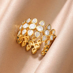 White Classic Flower Cluster Gold CZ Copper Adjustable Fancy Ring