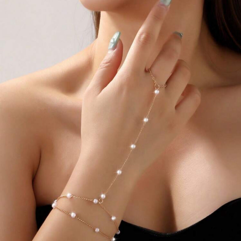 Minimal Hand Chain with Ring Gold Plated Pearl Bracelet For Women