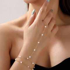 Minimal Hand Chain with Ring Gold Plated Pearl Bracelet For Women