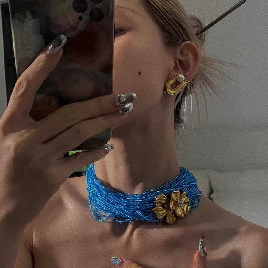 Turquoise Blue Multi Strand Floral Choker Gold Plated Copper Necklace 