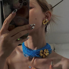 Turquoise Blue Multi Strand Floral Choker Gold Plated Copper Necklace 