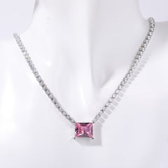 Rectangle Solitaire Silver Yellow Pink Cubic Zirconia Crystal Stainless Steel Anti Tarnish Necklace Chain For Women