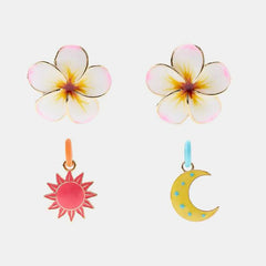 Designer Floral Sun & Moon Mismatch Gold Plated Enamel Drop Earrings