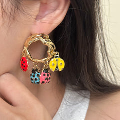 Designer Multi Color Enamel Gold Plated Ladybug Charm Hoop Earrings