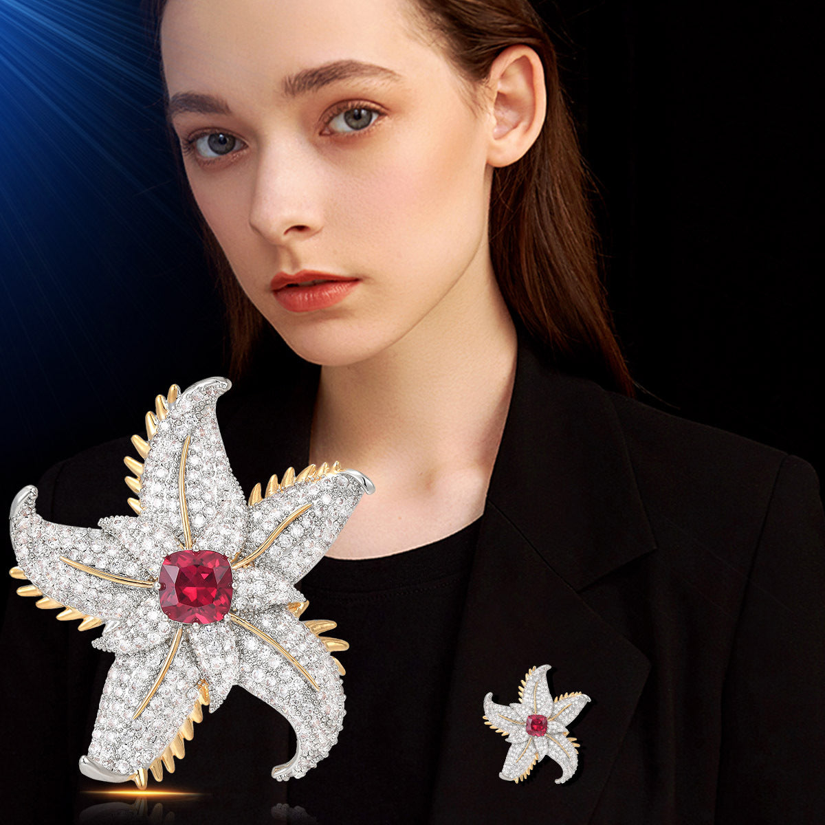 Pink Gold Starfish Cubic Zirconia Copper Anti Tarnish Brooch For Women