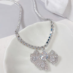 Luxury CZ Crystal Silver Bow Anti Tarnish Copper Necklace For Women