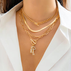 Key Lock 18K Gold Cubic Zirconia Curb Snake Chain Layer Necklace For Women