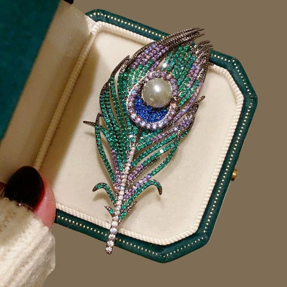 Multi Color Peacock Feather Gold Cubic Zirconia Copper Brooch For Women