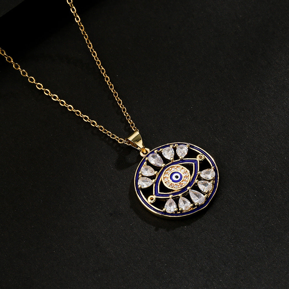 Evil Eye Around Drop Cubic Zirconia 18K Gold Pendant Chain Necklace For Women
