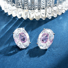 Luxury Purple Oval Silver Plated CZ Anti Tarnish Copper Stud Earrings