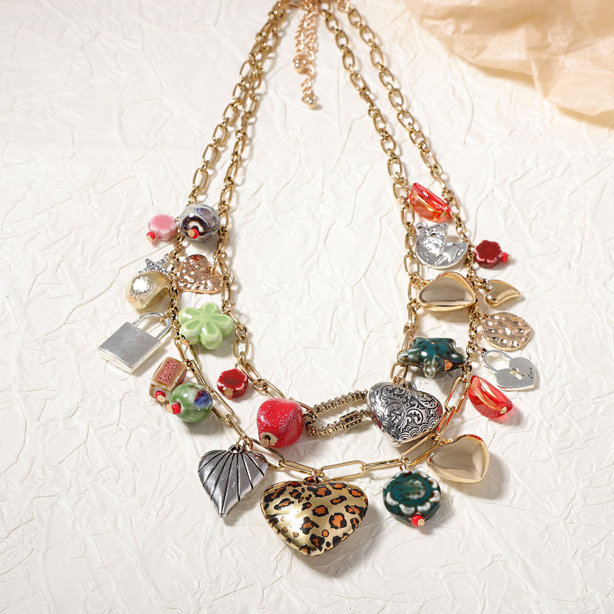 Dual Layer 18K Gold Heart Various Pieces Of Charm Necklace For Women