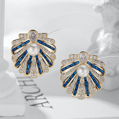 Shell Gold Silver CZ Pearl Anti Tarnish Copper Stud Earrings