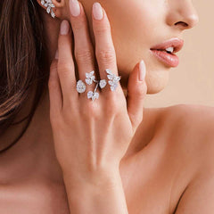 Flower Solitaire 18K Gold Silver Anti Tarnish Adjustable Dual Finger Ring For Women