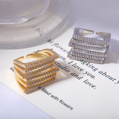 Multi Layer Square Gold Plated CZ Copper Anti Tarnish Cocktail Ring