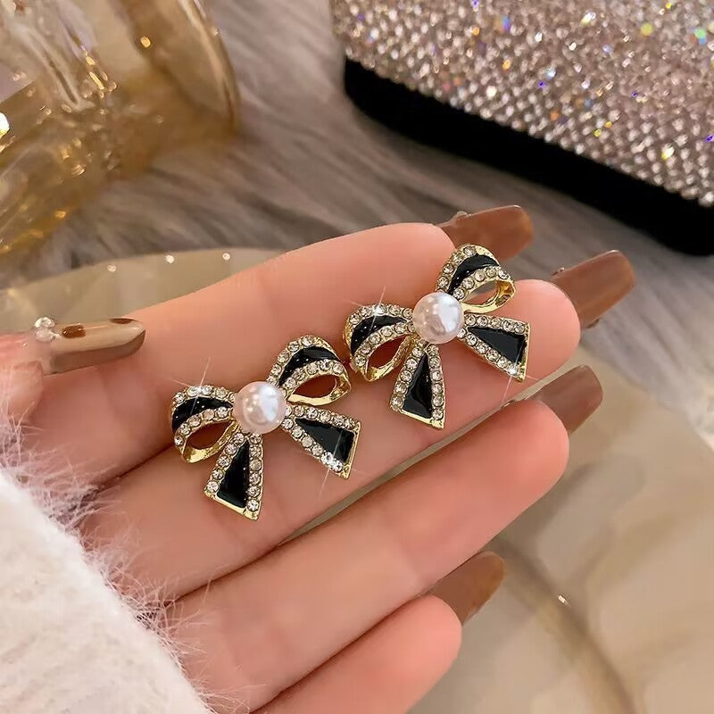 Black Bow Knot Gold Plated Rhinestone Pearl Stud Earrings For Women