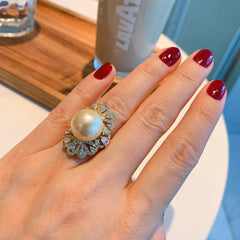 Pearl Boarder Of Cubic Zirconia 18K Gold Silver Adjustable Ring For Women