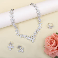 Designer Floral Silver Plated CZ Anti Tarnish Copper Necklace Combo Set