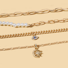 Multi Layer Gold Chain White Pearl Blue Evil Eye Sun Charm Alloy Necklace