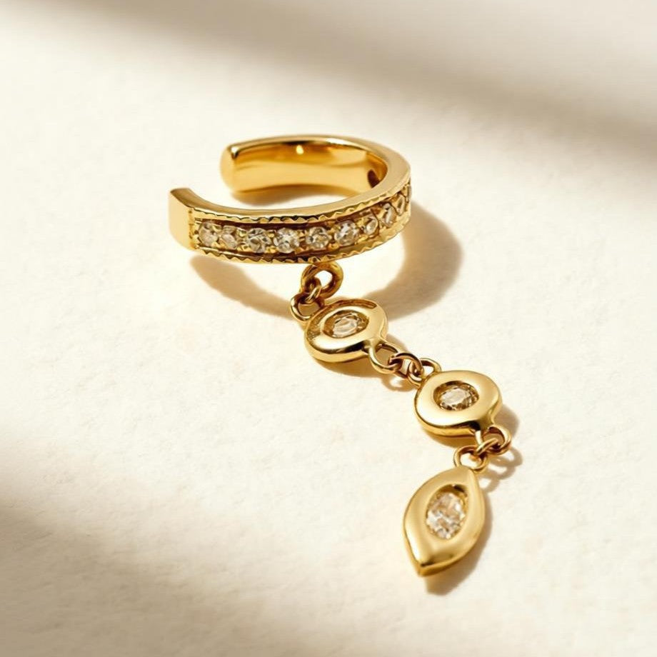 Elegant Dangling Gold CZ Stainless Steel Single Ear Cuff Earrings