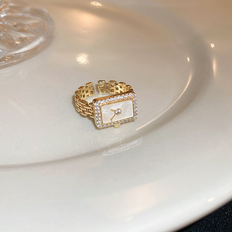 Luxury Rectangular Watch Gold Plated Pearl Alloy Fancy Ring For Women